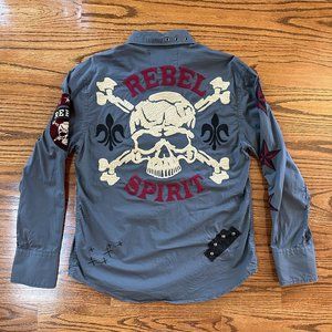 Rebel Spirit Blue Med Skull Embroidered Long Sleeve Button Front